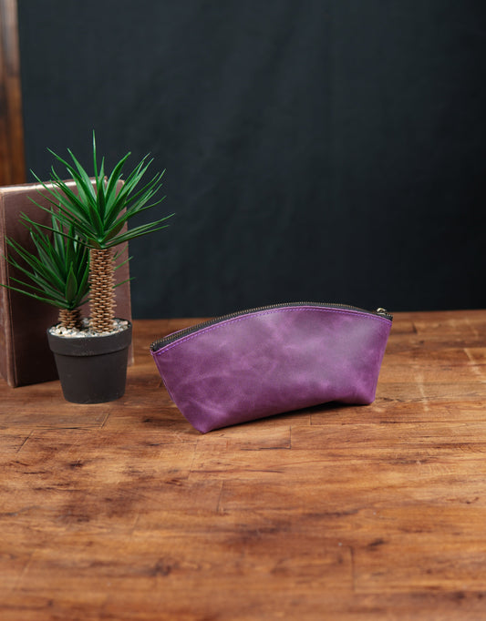 Deri Mini Makyaj Çantası Mor