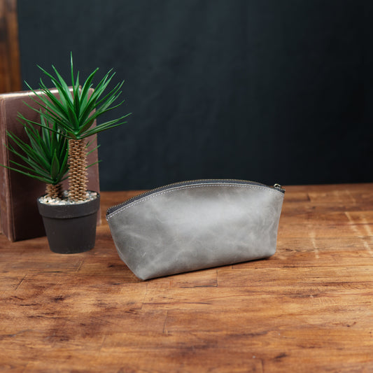 Deri Mini Makyaj Çantası Gri