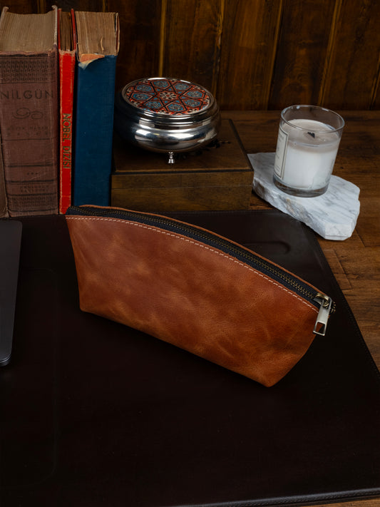 Deri Mini Makyaj Çantası Taba