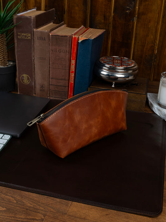 Deri Mini Makyaj Çantası Taba