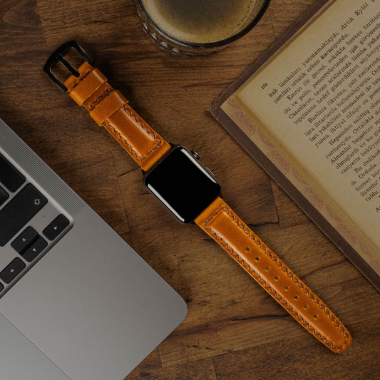 Dolgulu Deri Apple Watch Kayışı Antik Camel