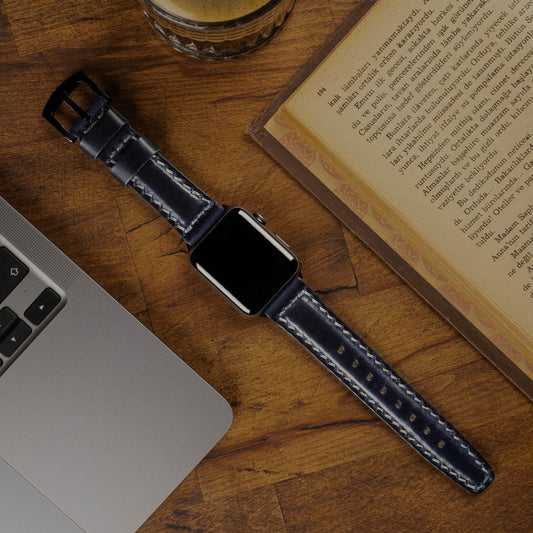 Dolgulu Deri Apple Watch Kayışı Antik Mavi