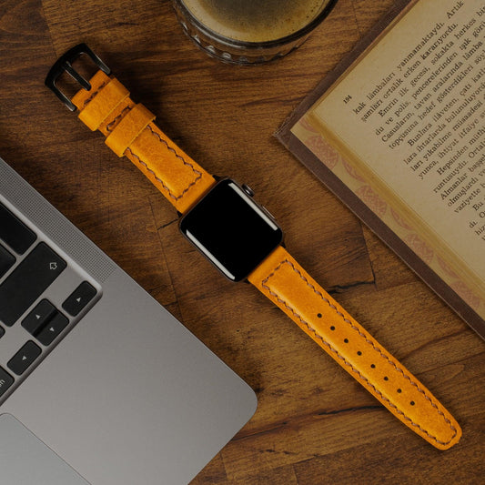 Dolgulu Deri Apple Watch Kayışı Old Yellow