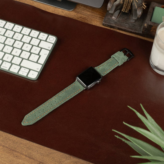 Çift Kat Deri Apple Watch Kayışı Süet-Yeşil